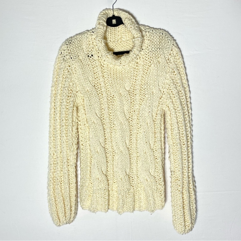 Vintage Handmade Chunky Cozy Cream Cable Knit Mock Neck Sweater S Academia